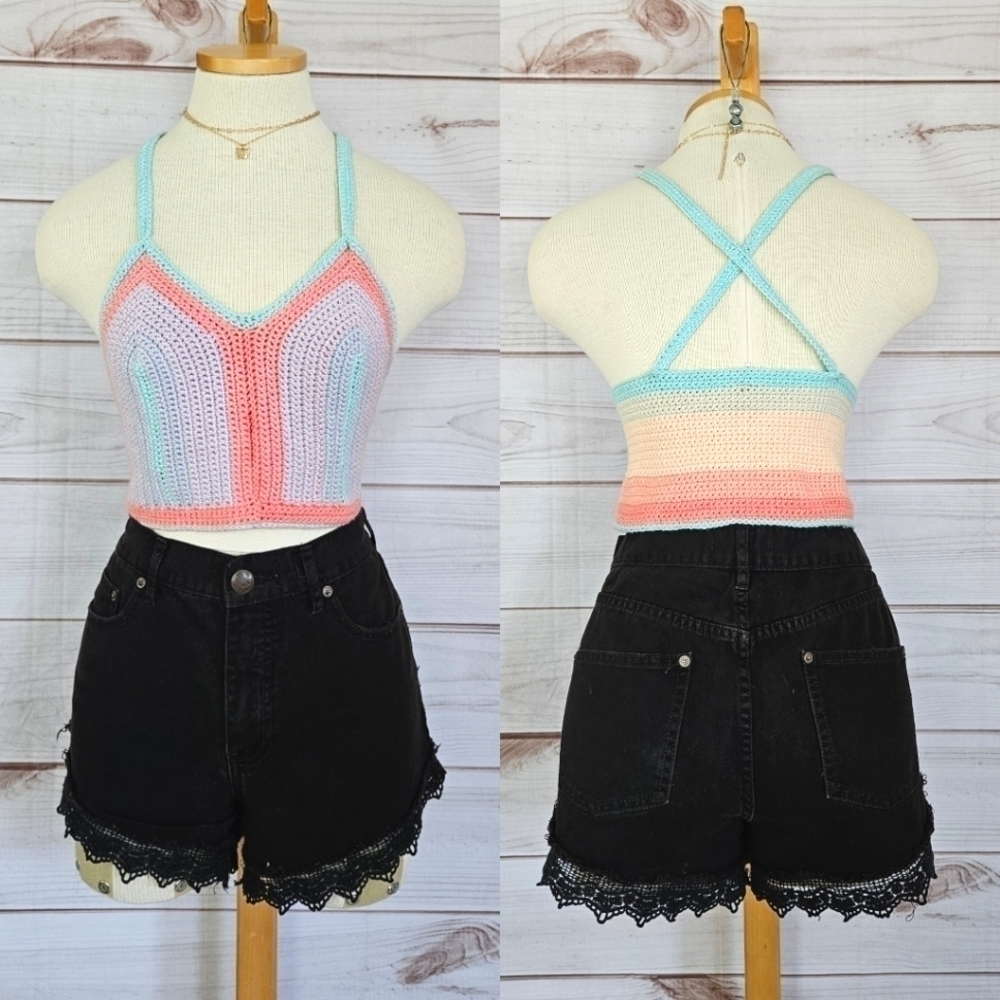 Hand Crochet by Gabrielle Cross Back Festival Top in Pink and Purple Sz Large